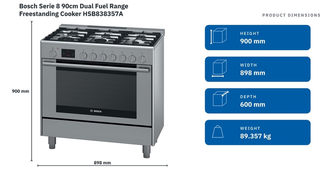 Bosch Serie 8 90cm Dual Fuel Range Freestanding Cooker HSB838357A — product dimensions