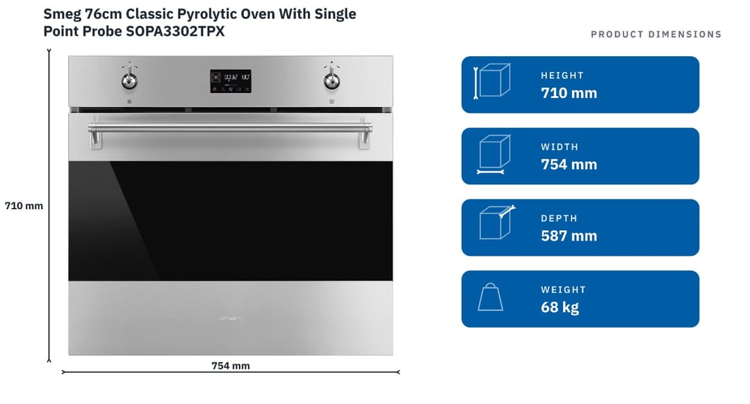 Smeg 76cm Classic Pyrolytic Oven With Single Point Probe SOPA3302TPX — product dimensions