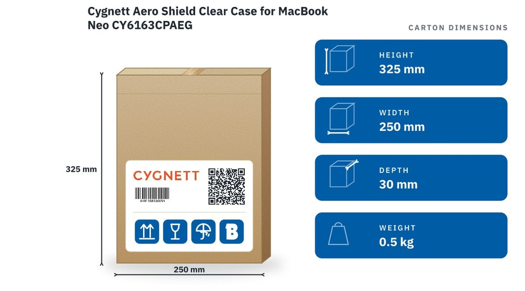 Cygnett Aero Shield Clear Case for MacBook Neo CY6163CPAEG — packaged dimensions