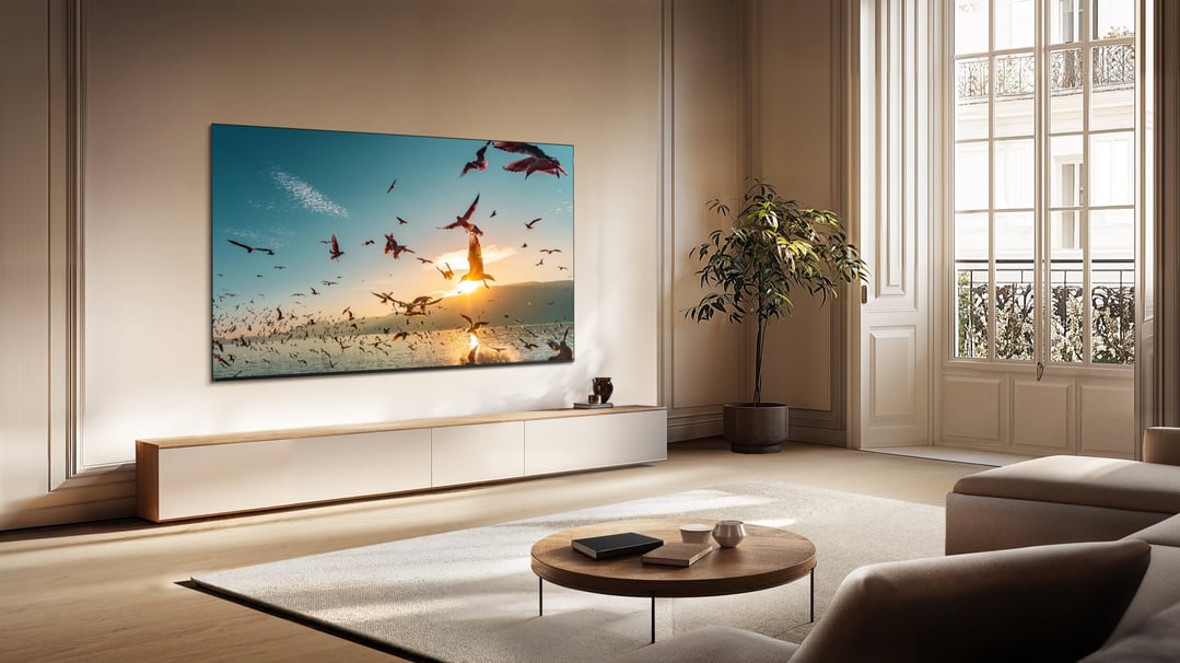 98 inch QLED Google TV showing birds flying over water at sunset in a living room