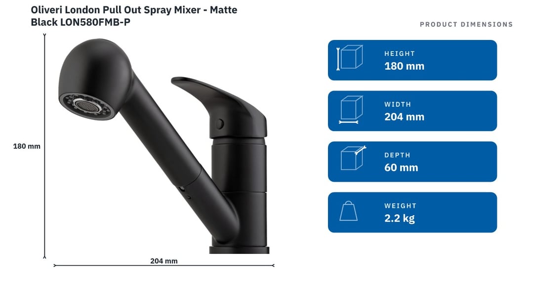 Oliveri London Pull Out Spray Mixer - Matte Black LON580FMB-P