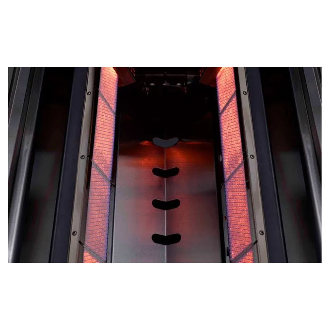 Close-up of the illuminated burners inside a gas BBQ