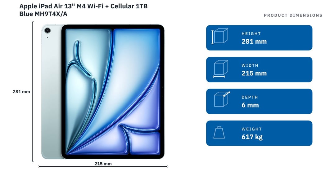 Apple iPad Air 13" M4 Wi-Fi + Cellular 1TB Blue MH9T4X/A — product dimensions