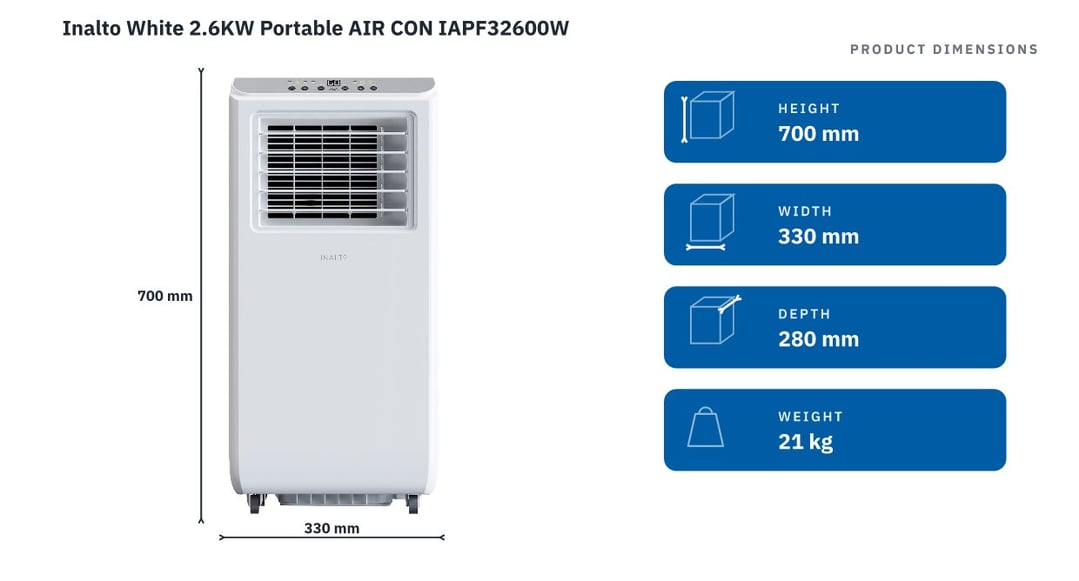 Inalto White 2.6KW Portable AIR CON IAPF32600W — product dimensions