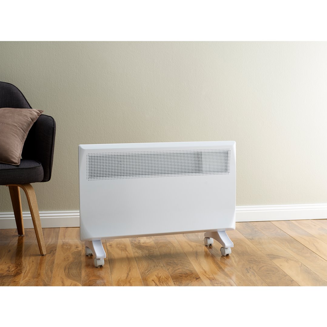 White Rinnai electric panel heater on wheels in a living room setting