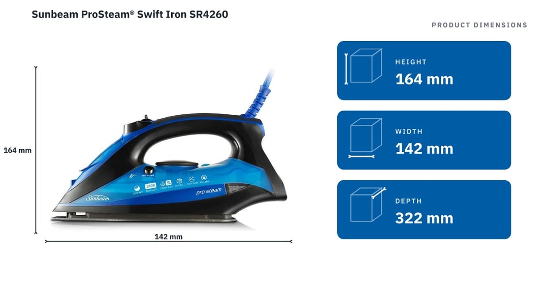 Sunbeam ProSteam® Swift Iron SR4260 — product dimensions
