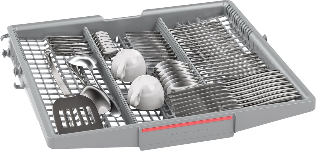 Close-up of a dishwasher cutlery tray filled with various utensils and cups