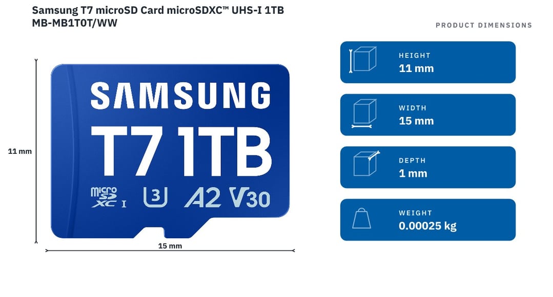 Samsung T7 microSD Card microSDXC™ UHS-I 1TB MB-MB1T0T/WW — product dimensions