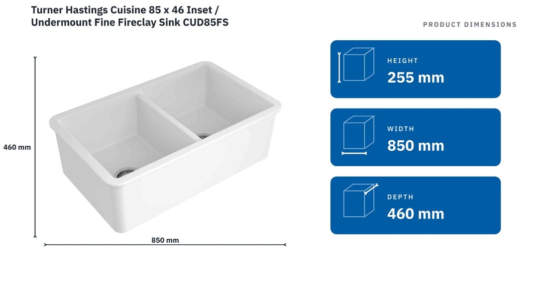 Turner Hastings Cuisine 85 x 46 Inset / Undermount Fine Fireclay Sink CUD85FS — product dimensions