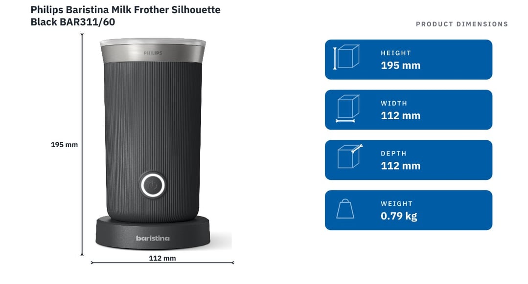 Philips Baristina Milk Frother Silhouette Black BAR311/60 — product dimensions