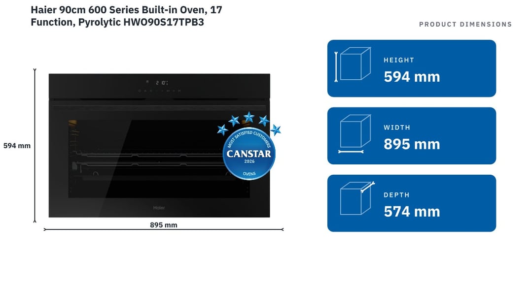 Haier 90cm 600 Series Built-in Oven, 17 Function, Pyrolytic HWO90S17TPB3 — product dimensions