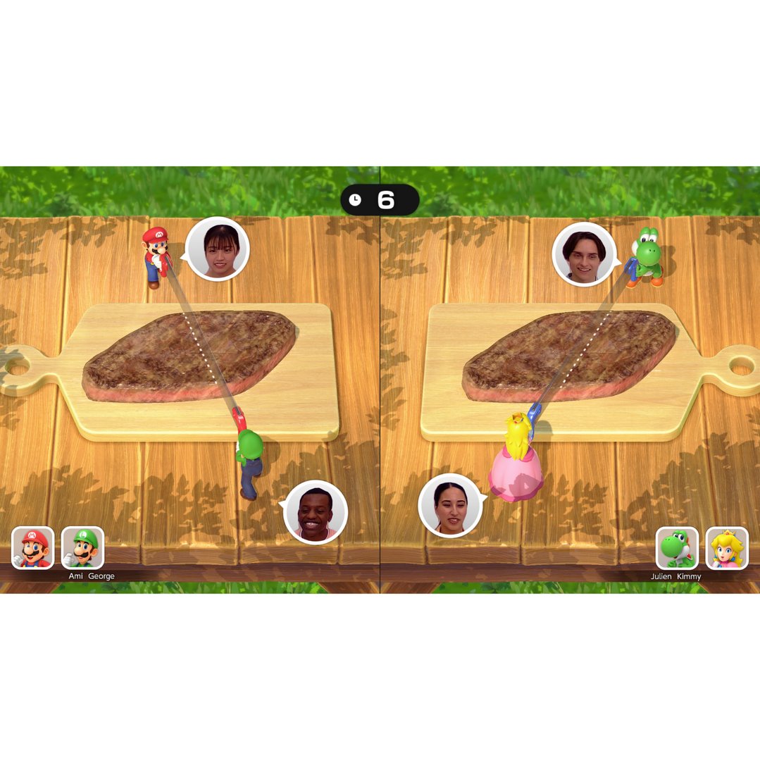 Four players cutting steaks on wooden boards in a video game
