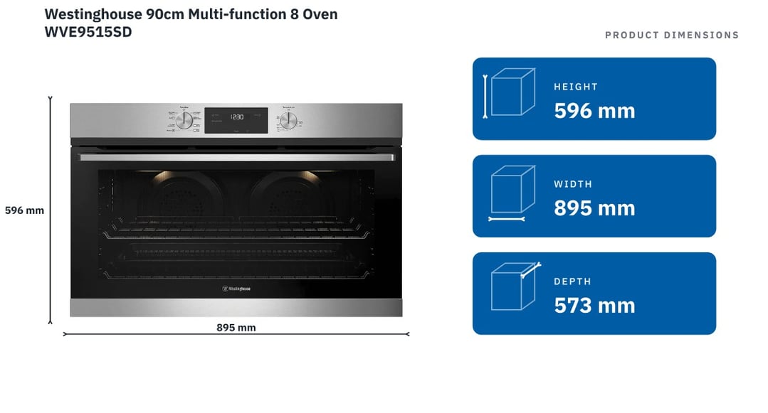 Westinghouse 90cm Multi-function 8 Oven WVE9515SD — product dimensions