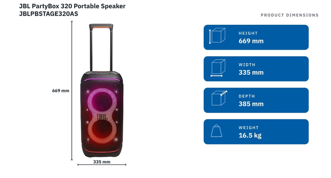 JBL PartyBox 320 Portable Speaker JBLPBSTAGE320AS — product dimensions