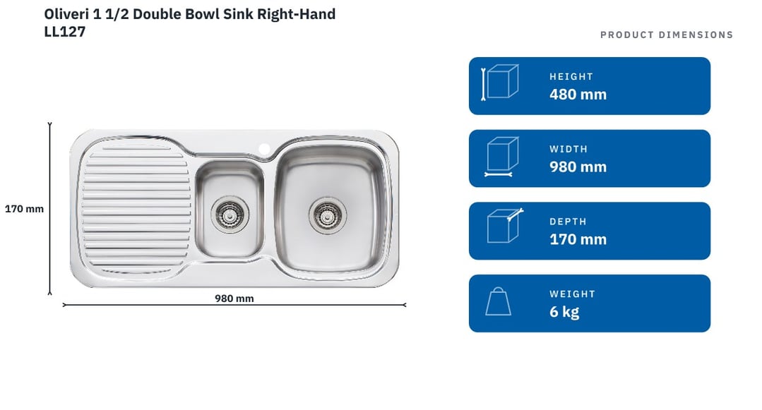 Oliveri 1 1/2 Double Bowl Sink Right-Hand LL127 — product dimensions