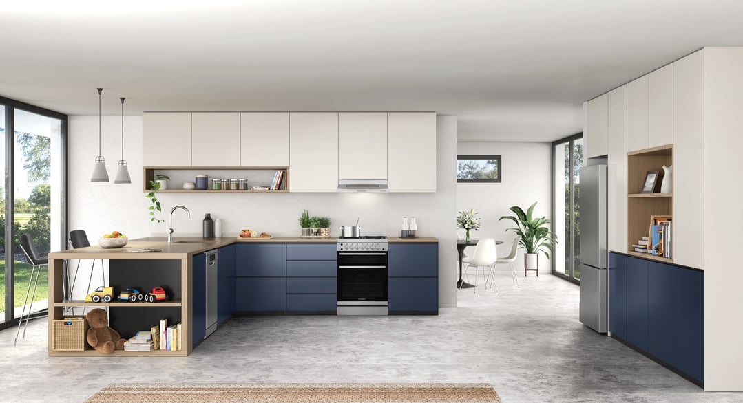 Freestanding gas oven and gas cooktop in a modern kitchen with blue cabinets