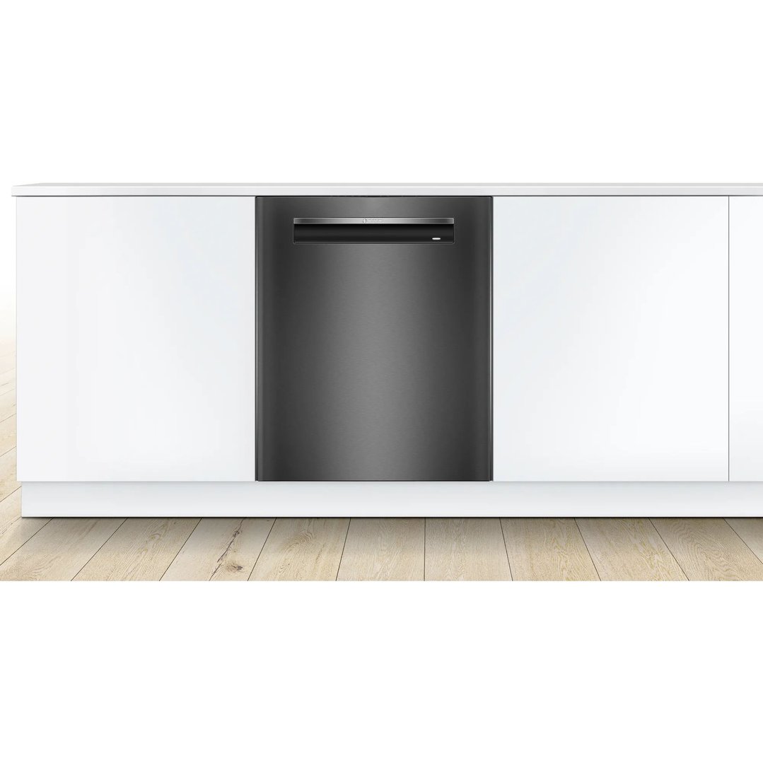 Built-in Bosch Series 6 dishwasher in black inox installed in a kitchen