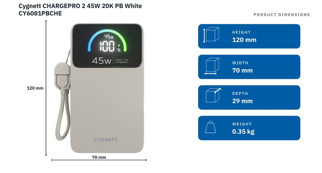 Cygnett CHARGEPRO 2 45W 20K PB White CY6081PBCHE — product dimensions