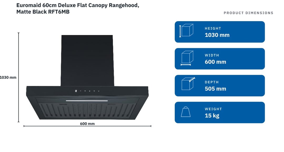 Euromaid 60cm Deluxe Flat Canopy Rangehood, Matte Black RFT6MB — product dimensions