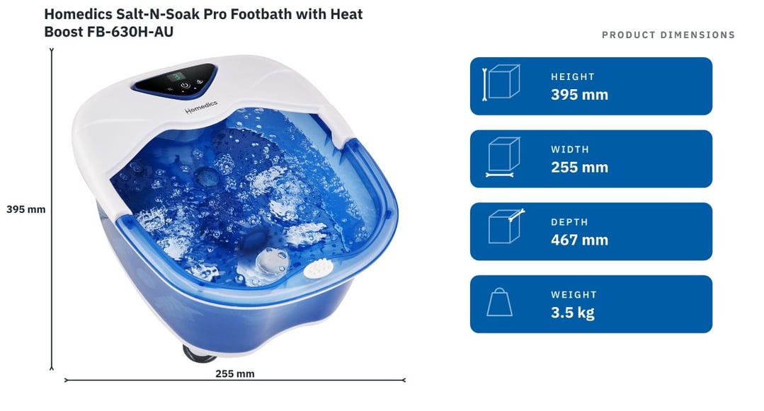 Homedics Salt-N-Soak Pro Footbath with Heat Boost FB-630H-AU — product dimensions
