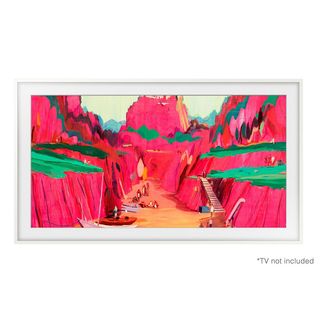 White frame for a TV, displaying a colorful painting of a canyon