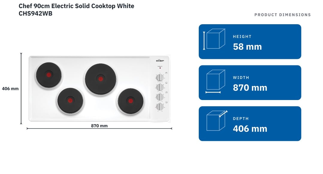 Chef 90cm Electric Solid Cooktop White CHS942WB — product dimensions