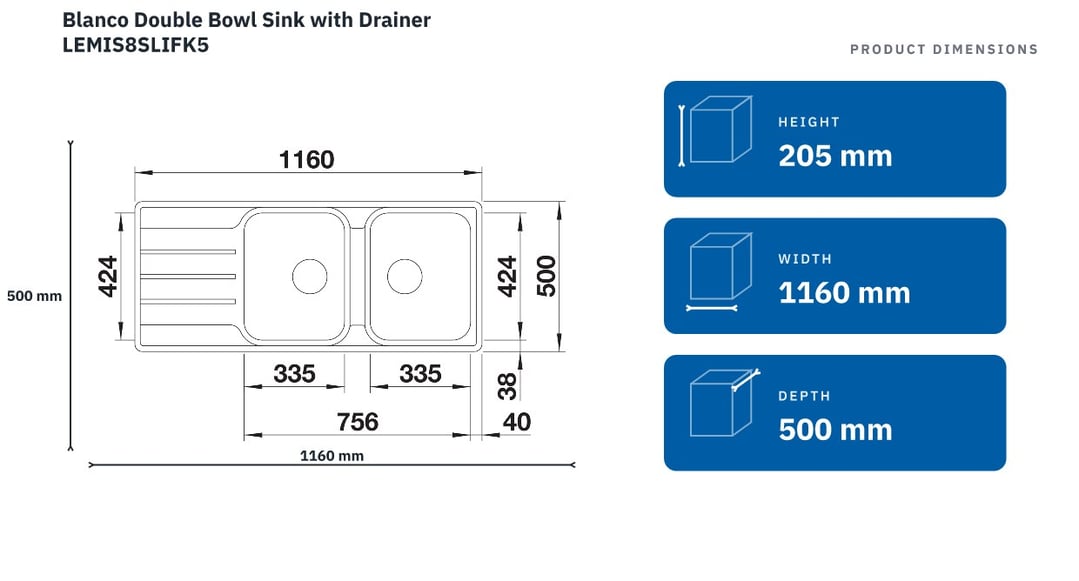 Blanco Double Bowl Sink with Drainer LEMIS8SLIFK5 — product dimensions