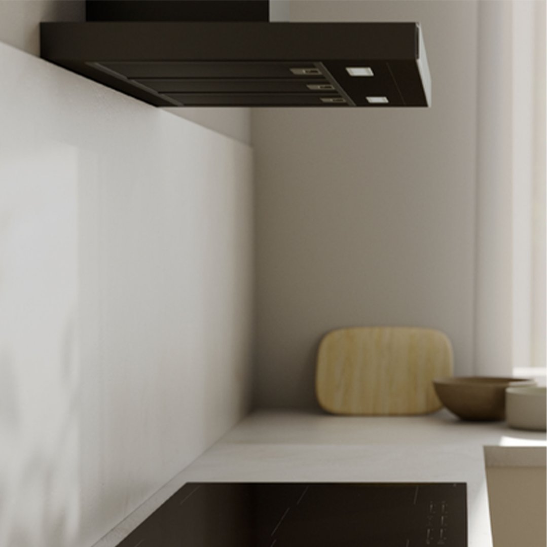 Matte black Haier rangehood installed above a cooktop in a modern kitchen