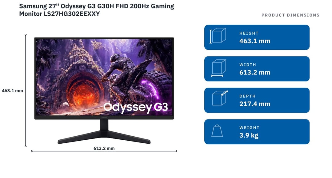 Samsung 27" Odyssey G3 G30H FHD 200Hz Gaming Monitor LS27HG302EEXXY — product dimensions