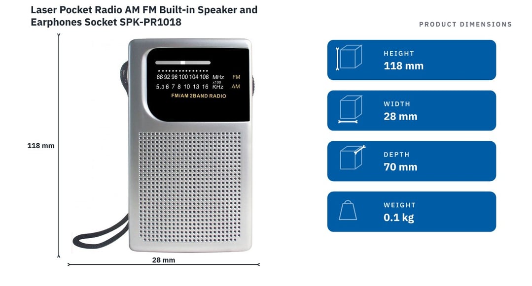 Laser Pocket Radio AM FM Built-in Speaker and Earphones Socket SPK-PR1018 — product dimensions
