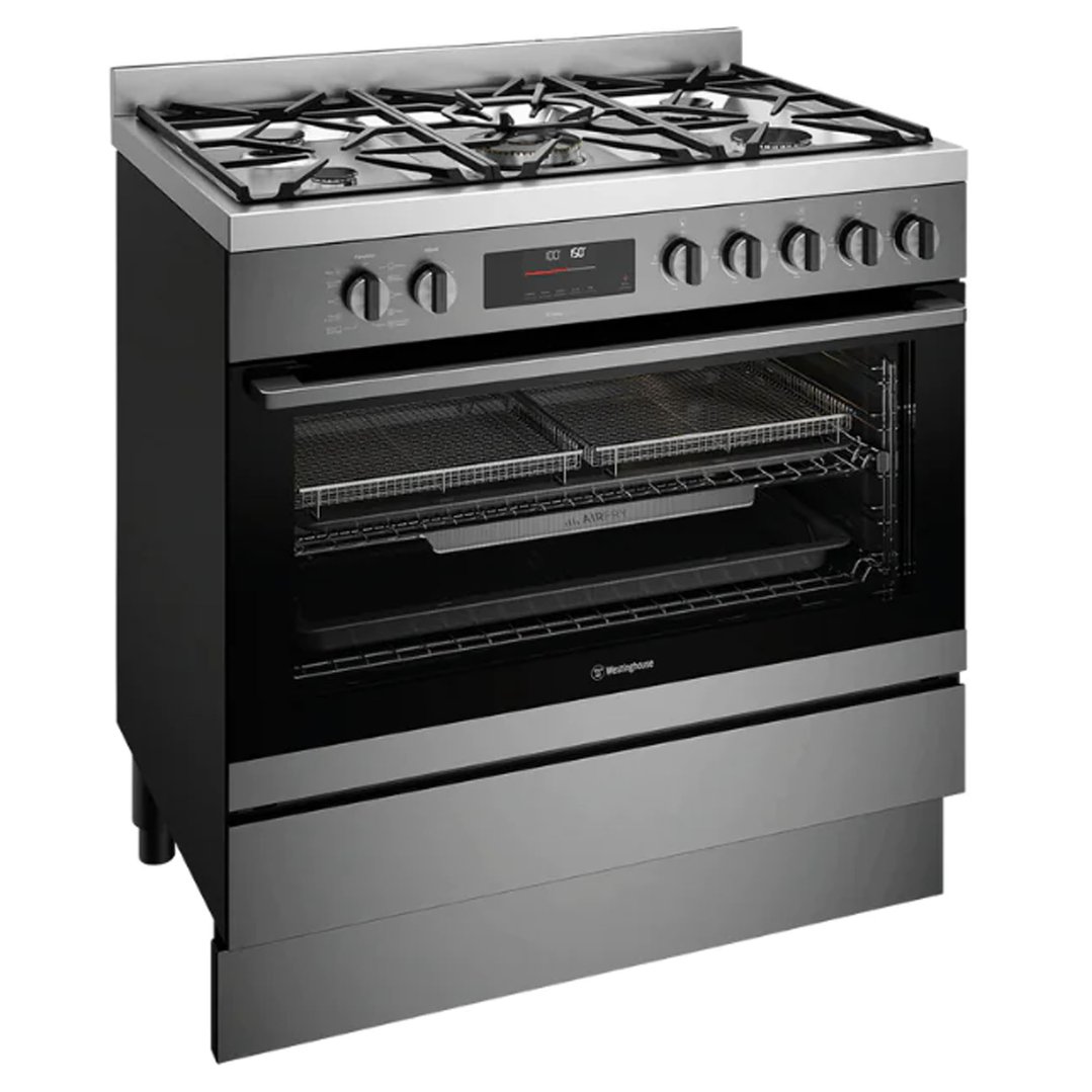 Westinghouse 90cm dual fuel freestanding oven with 5 burner gas cooktop