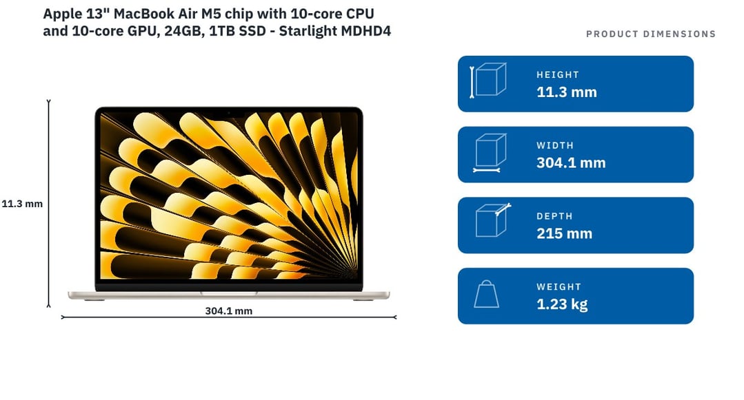 Apple 13" MacBook Air M5 chip with 10‑core CPU and 10‑core GPU, 24GB, 1TB SSD - Starlight MDHD4X/A