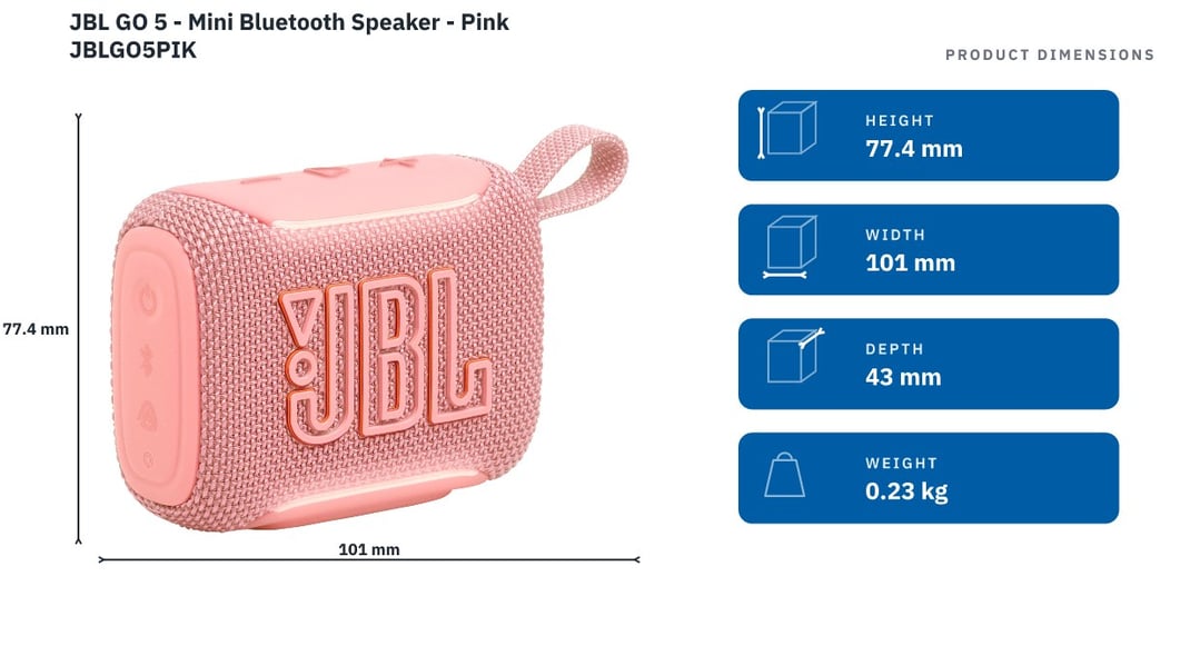 JBL GO 5 - Mini Bluetooth Speaker - Pink JBLGO5PIK — product dimensions