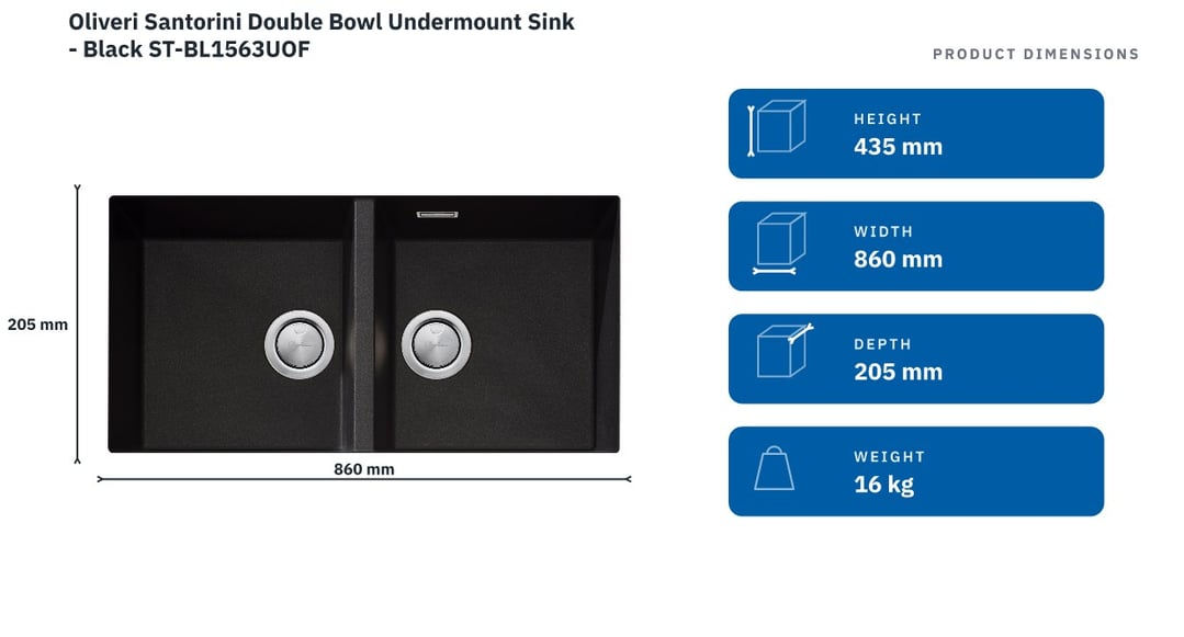 Oliveri Santorini Double Bowl Undermount Sink - Black ST-BL1563UOF — product dimensions