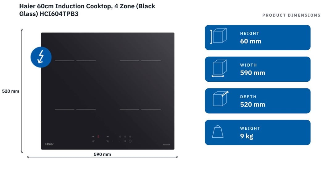 Haier 60cm Induction Cooktop, 4 Zone (Black Glass) HCI604TPB3 — product dimensions