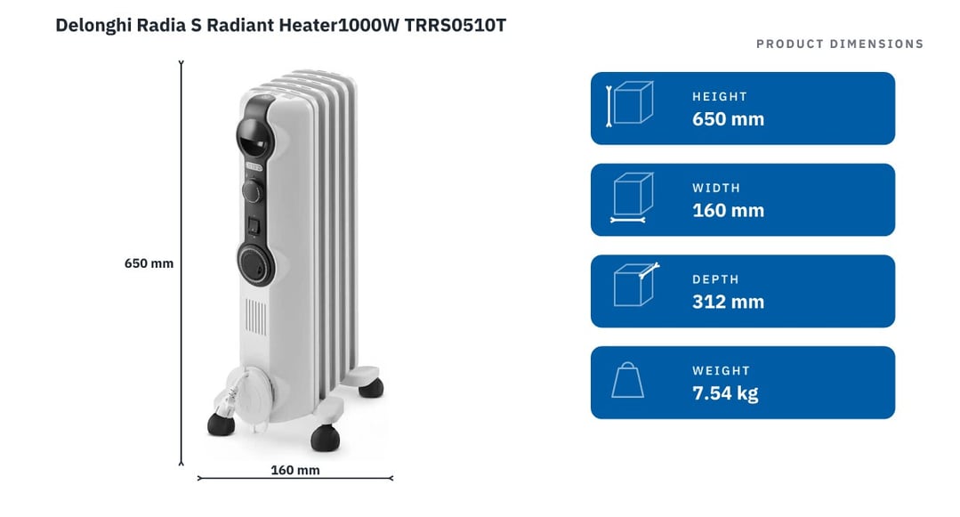 Delonghi Radia S Radiant Heater1000W TRRS0510T — product dimensions