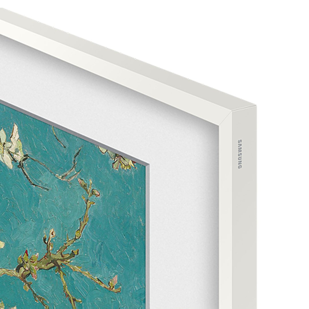 White customizable frame for a Samsung The Frame TV, displaying art