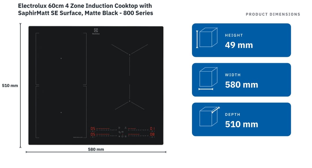 Electrolux 60cm 4 Zone Induction Cooktop with SaphirMatt SE Surface, Matte Black - 800 Series KIS67453IT — product dimensions
