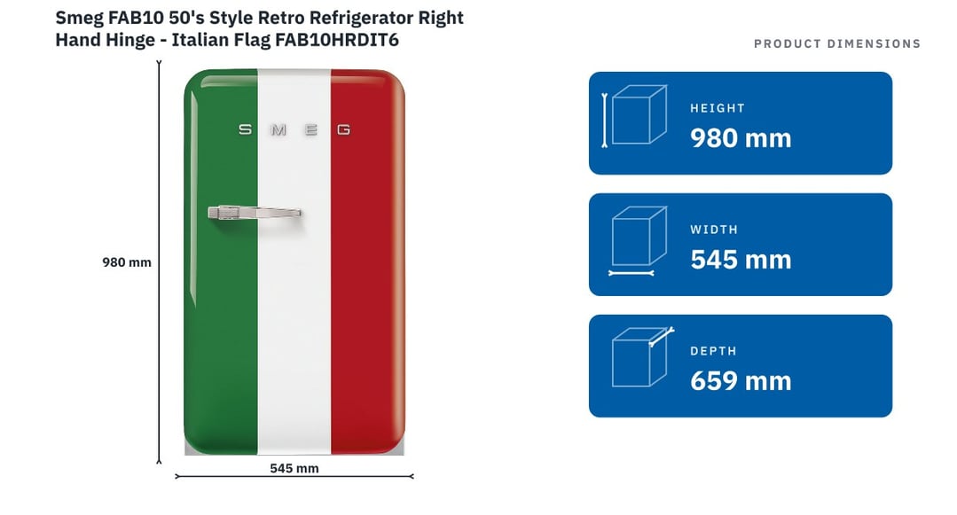 Smeg FAB10 50's Style Retro Refrigerator Right Hand Hinge - Italian Flag FAB10HRDIT6 — product dimensions