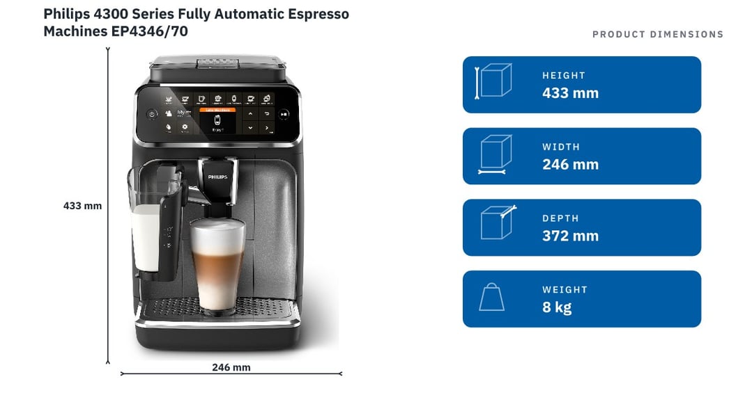 Philips 4300 Series Fully Automatic Espresso Machines EP4346/70 — product dimensions