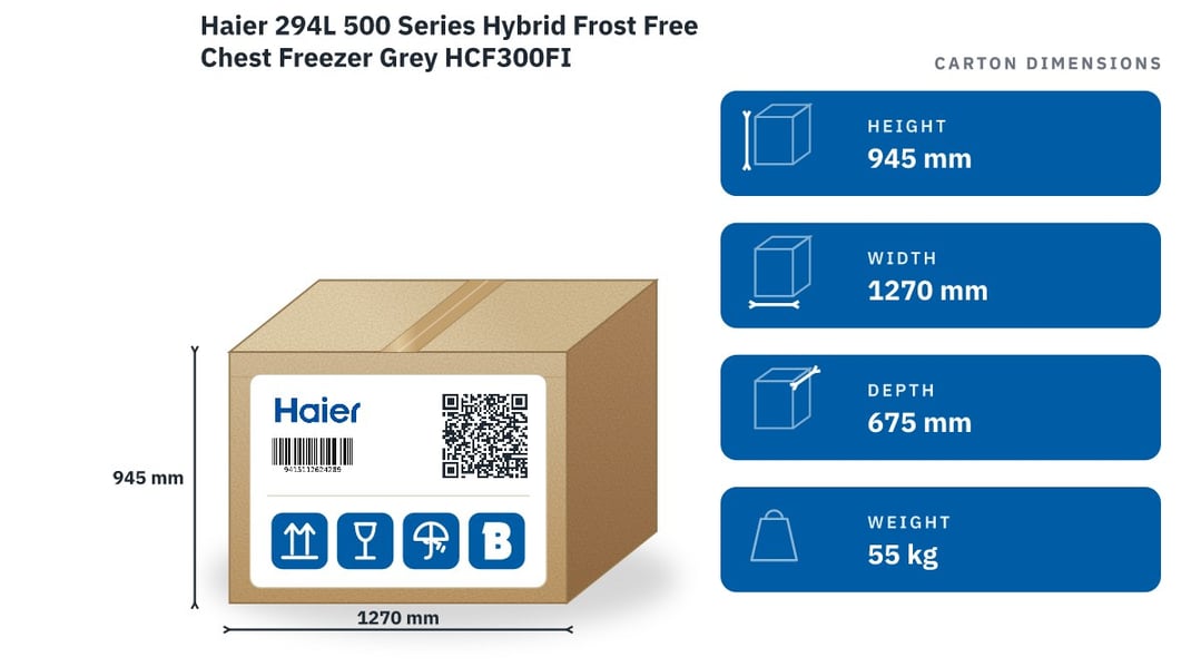 Haier 294L 500 Series Hybrid Frost Free Chest Freezer Grey HCF300FI — packaged dimensions