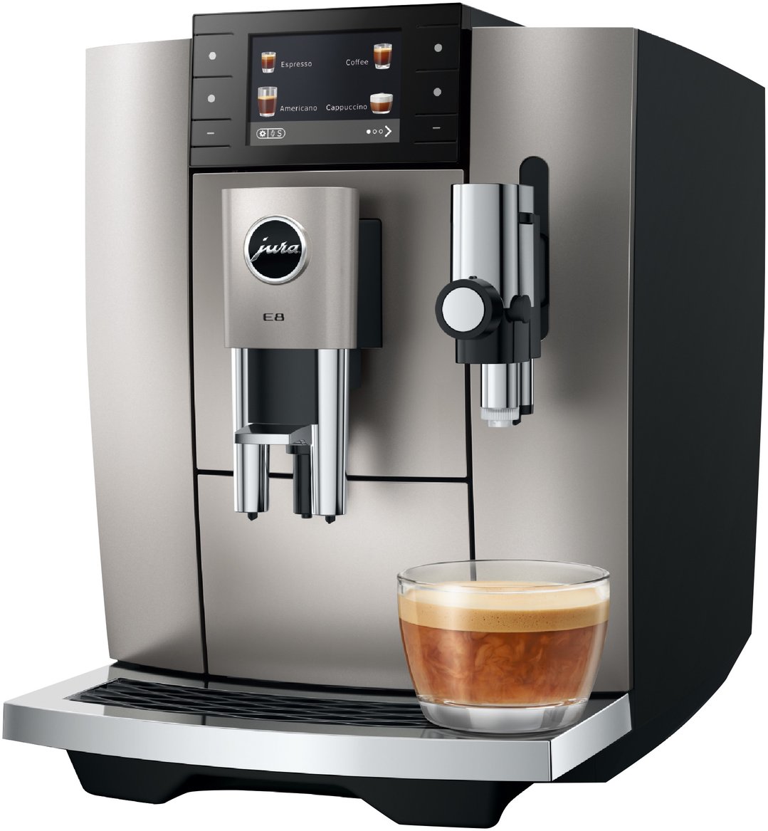 JURA E8 coffee machine with a glass of coffee on the drip tray