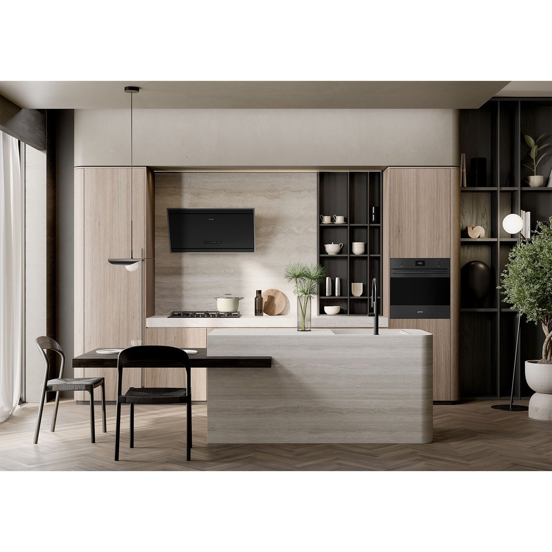 Matte black gas cooktop and oven in a modern kitchen with wooden cabinets