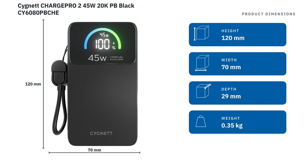 Cygnett CHARGEPRO 2 45W 20K PB Black CY6080PBCHE — product dimensions