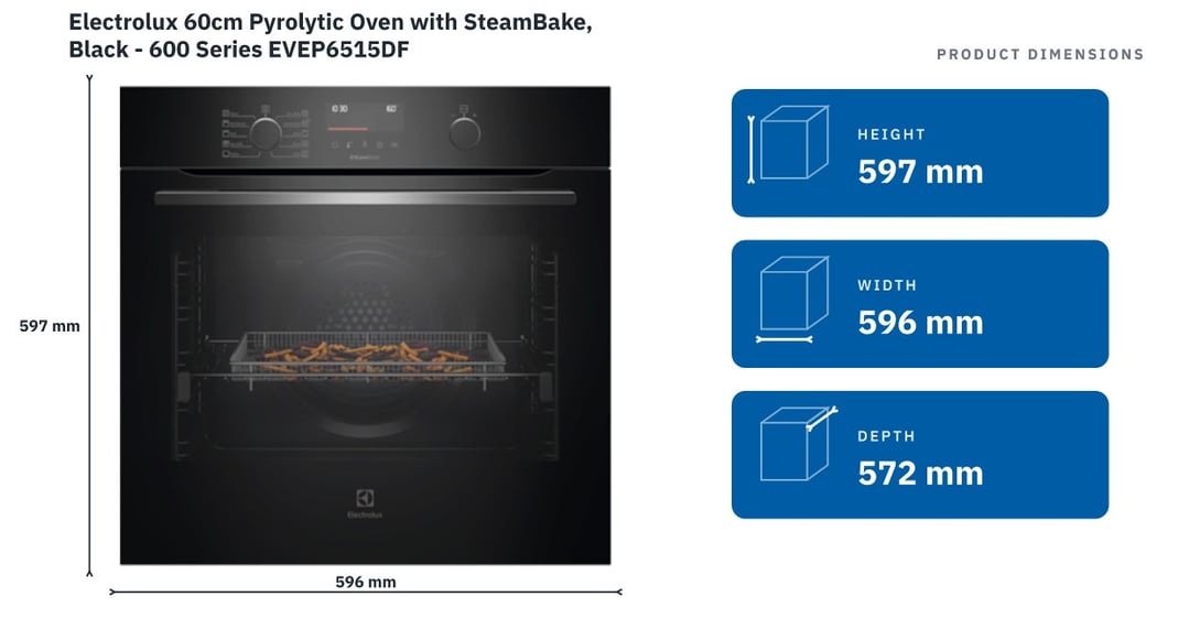Electrolux 60cm Pyrolytic Oven with SteamBake, Black - 600 Series EVEP6515DF — product dimensions