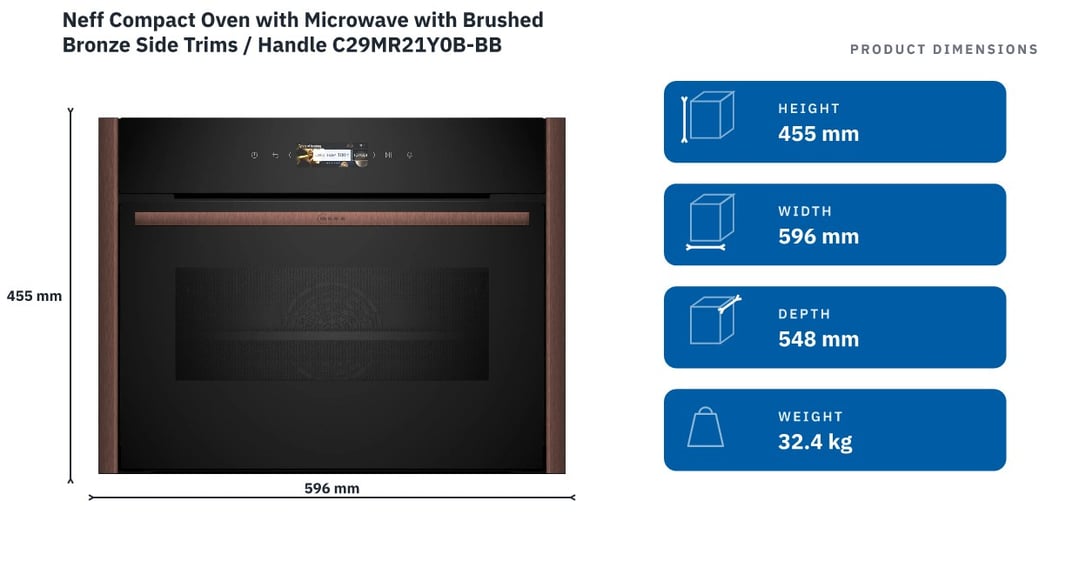 Neff Compact Oven with Microwave with Brushed Bronze Side Trims / Handle C29MR21Y0B-BB — product dimensions