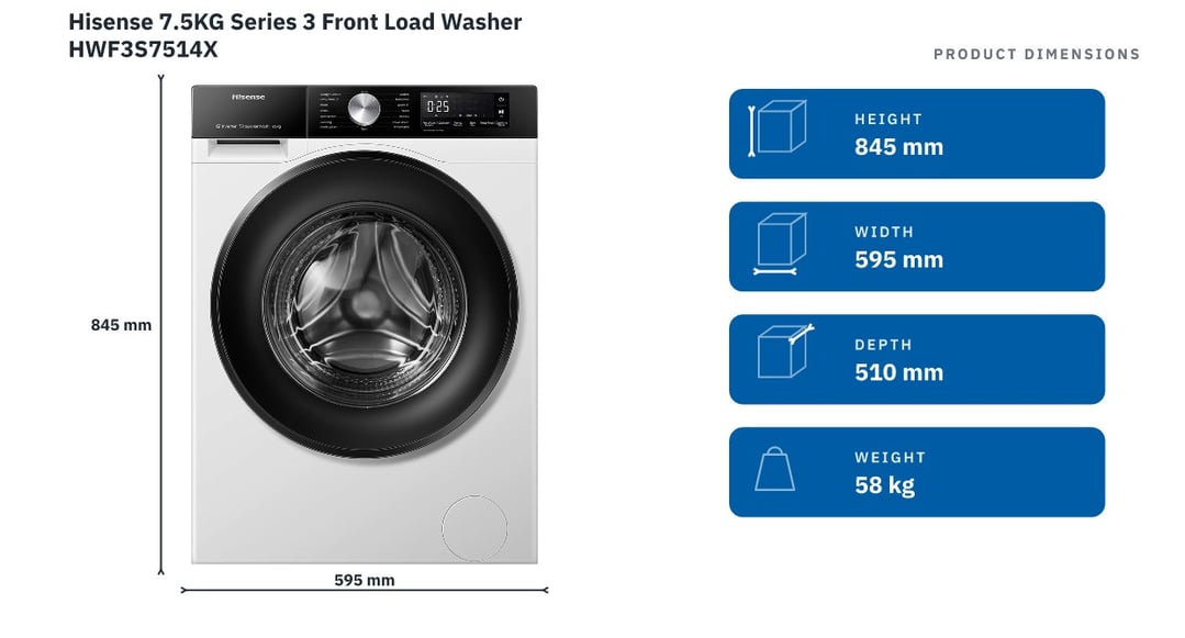 Hisense 7.5KG Series 3 Front Load Washer HWF3S7514X — product dimensions