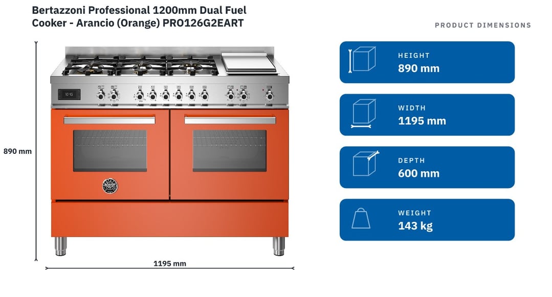 Bertazzoni Professional 1200mm Dual Fuel Cooker - Arancio (Orange) PRO126G2EART — product dimensions