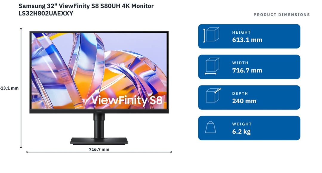 Samsung 32" ViewFinity S8 S80UH 4K Monitor LS32H802UAEXXY — product dimensions