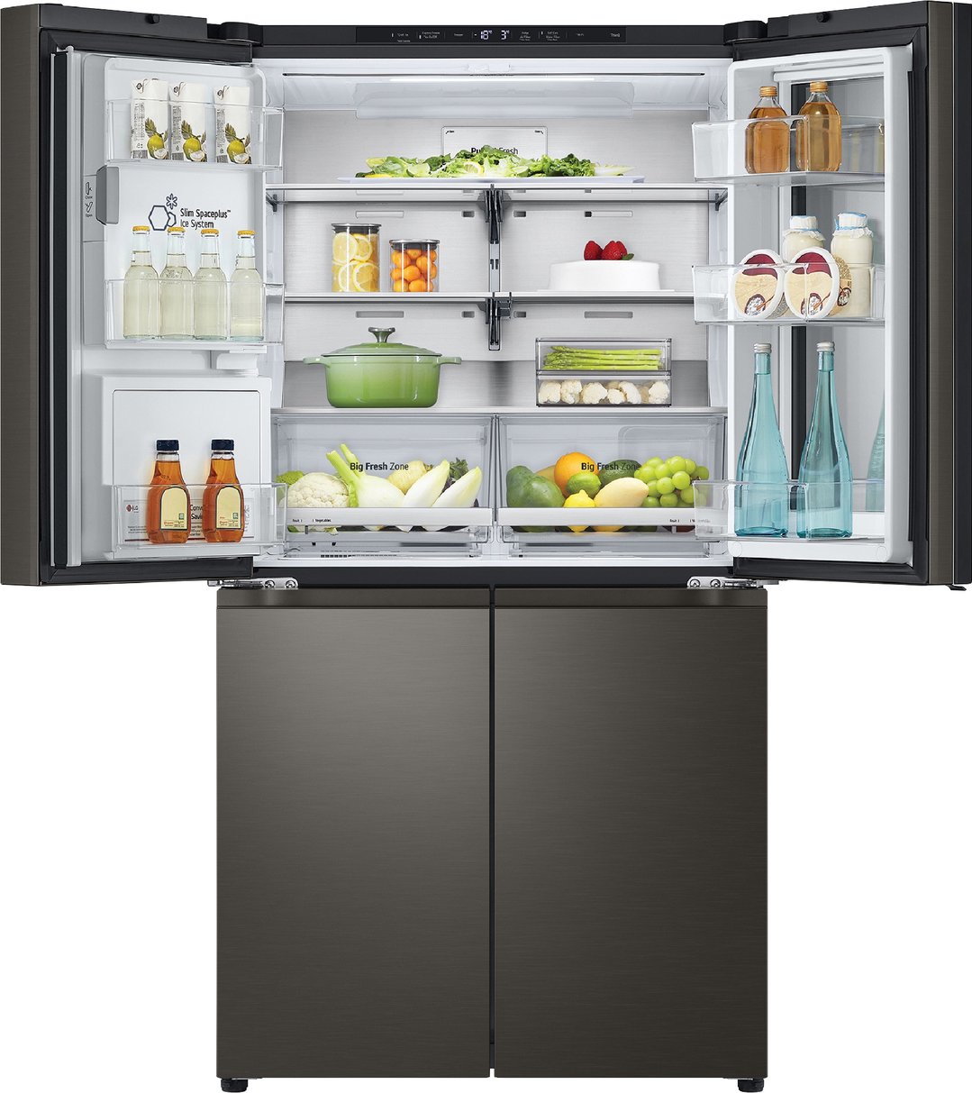 Open French door fridge with food and drinks inside, showing interior features
